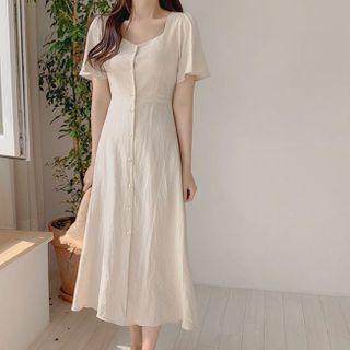 Open-back Short-sleeve Midi A-line Linen Dress