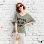 Lettering Short Sleeve V-neck Cutout T-shirt