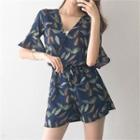 Wrap-front Drawcord-waist Foliage Playsuit