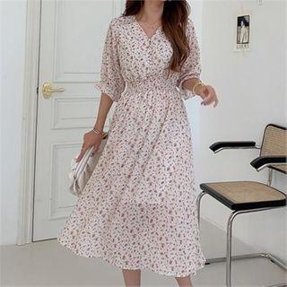 Smocked-waist Long Floral Dress Ivory - One Size