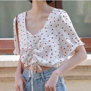 Short-sleeve Heart Patterned Drawstring Chiffon Top White - One Size