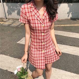 Plaid Short-sleeve Lapel Collar Buttoned Dress