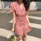 Plaid Short-sleeve Lapel Collar Buttoned Dress