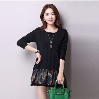 Long-sleeve Knit Floral Panel Dress