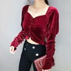 Puff-sleeve Square-neck Ruched Gold Velvet Cropped Top