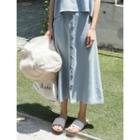 Banded-waist Button-detail Linen Blend Skirt