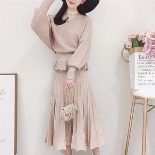 Set: V-neck Ruffle Hem Sweater + Midi Knit Skirt