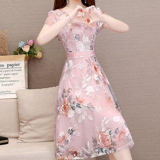 Jacquard Mesh Overlay Midi A-line Dress
