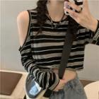 Long-sleeve Cold-shoulder Striped Cropped T-shirt Stripes - Black & White - One Size