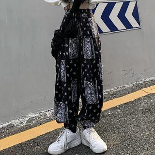 High-waist Print Panel Jogger Pants Black - One Size