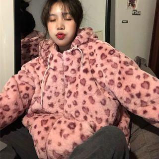 Fluffy Leopard Print Hooded Zip Jacket Leopard - Pink - One Size