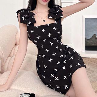 Sleeveless Bow-accent Cross Print Mini Sheath Dress
