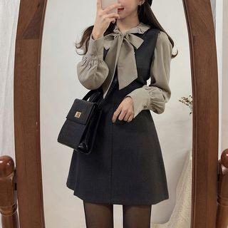 Set: Tie-neck Blouse + A-line Pinafore Dress