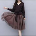 Set: Long-sleeve Tie-waist Knit Top + Mesh Midi A-line Skirt