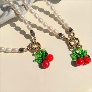 Cherry Pendant Faux Pearl Necklace Red & Green & Gold - One Size