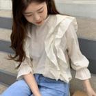 3/4-sleeve Ruffled Pintuck Blouse Milky White - One Size