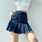 Frayed Pleated Denim Mini Skirt
