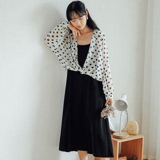 Set: Heart Printed Light Jacket + Plain Slipdress