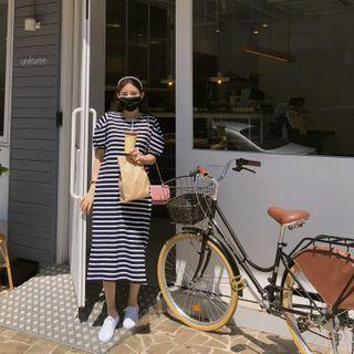 Puff-sleeve Slit-side Striped Dress