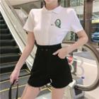 Set: Avocado Embroidered Short-sleeve Blouse + High Waist Shorts