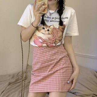 Short-sleeve Print T-shirt / Plaid Mini Pencil Skirt / Denim Mini Pencil Skirt