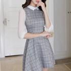 Plaid Panel Elbow-sleeve A-line Dress