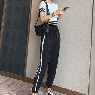 Short-sleeve Contrast Trim Top / Harem Pants