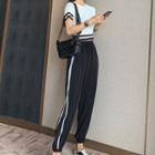 Short-sleeve Contrast Trim Top / Harem Pants