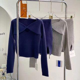 Set: Square-neck Knit Top + Pencil Skirt