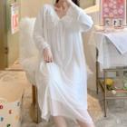 Long-sleeve Bow Accent Mesh Midi Sleep Dress