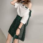 Set: Lace-up Elbow-sleeve T-shirt Dress + Crochet Skirt