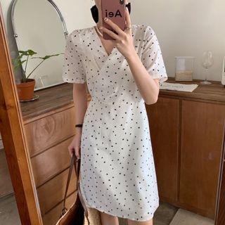 V-neck Heart Print Midi A-line Dress White - One Size