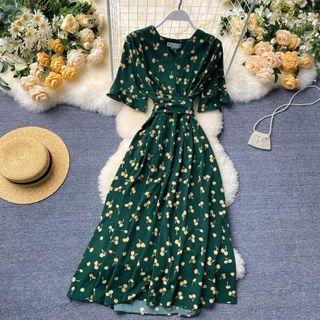 Cherry Print Short-sleeve Tie-waist Midi A-line Dress