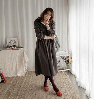 Contrast-collar Pintuck-trim Shirred Dress