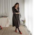 Contrast-collar Pintuck-trim Shirred Dress