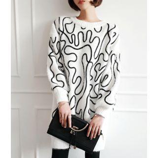 Contrast-trim Textured Knit Dress White - One Size