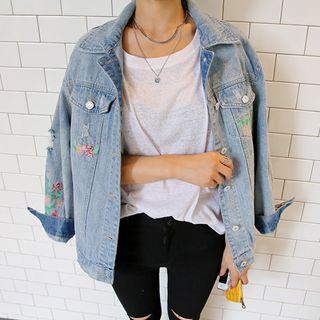 Flower-embroidered Distressed Denim Jacket