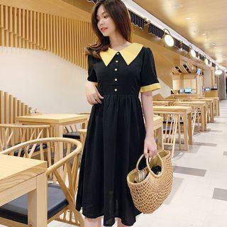 Short-sleeve Color Block Chiffon A-line Dress