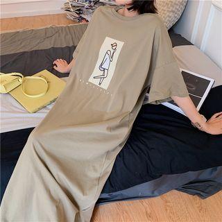 Elbow-sleeve Plain Crew-neck Print Loose-fit Long Dress