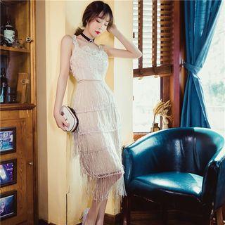 Lace Panel Fringed Spaghetti-strap Dress