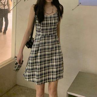 Plaid Tie-waist Strappy Mini Dress Plaid - One Size