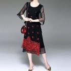 Elbow-sleeve Embroidered Silk Dress