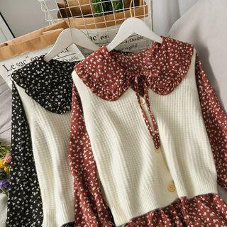Set: Peter Pan-collar Floral Midi Dress + Button-up Knit Vest