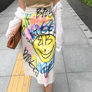 Spray Painted H-line Midi Skirt Beige - One Size
