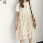 Set: Short Sleeve T-shirt Dress + Spaghetti Strap Lace Dress