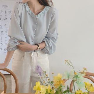 Lace-neck Bishop-sleeve Blouse