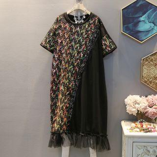 Ruffle Trim Short-sleeve T-shirt Dress Black - One Size
