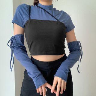 Set: Mock Two-piece Short-sleeve Top + Arm Sleeves