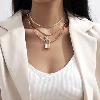 Lock & Butterfly Pendant Rhinestone Layered Necklace