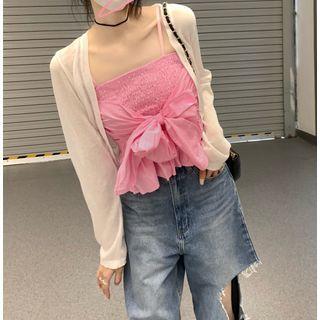 Plain Cardigan / Bow Accent Camisole Top / Distressed Wide-leg Jeans
